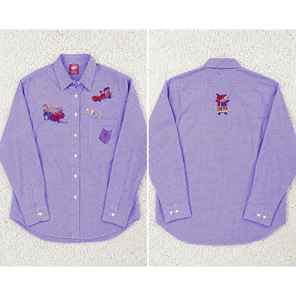 Red Hat Society Button Down Women Large Purple Good Embroidered Gingham Shirt